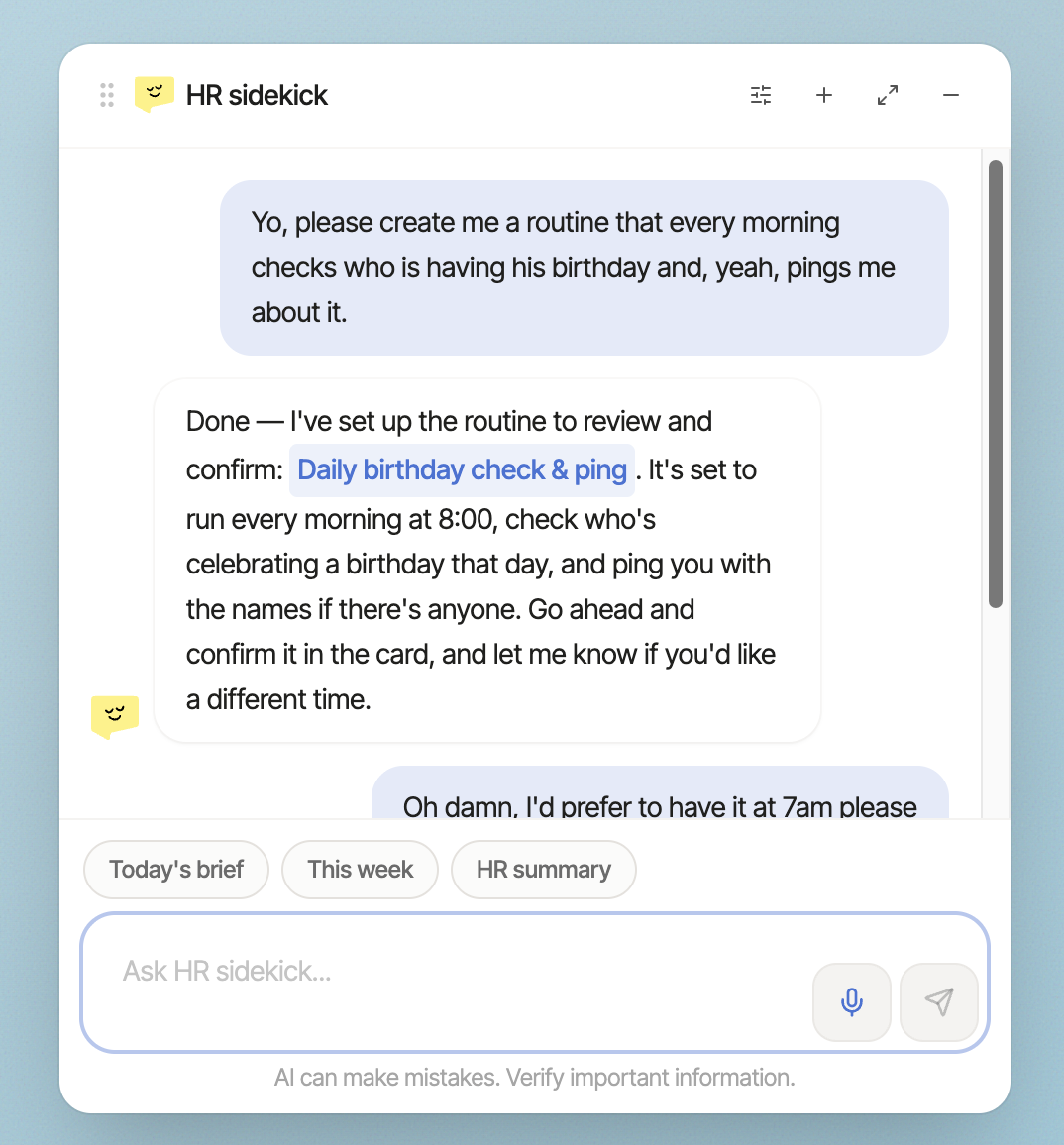 HR-chat in Peepel: een terugkerende taak wordt gevraagd en Peepel stelt de routine "Daily birthday check & ping" voor ter bevestiging