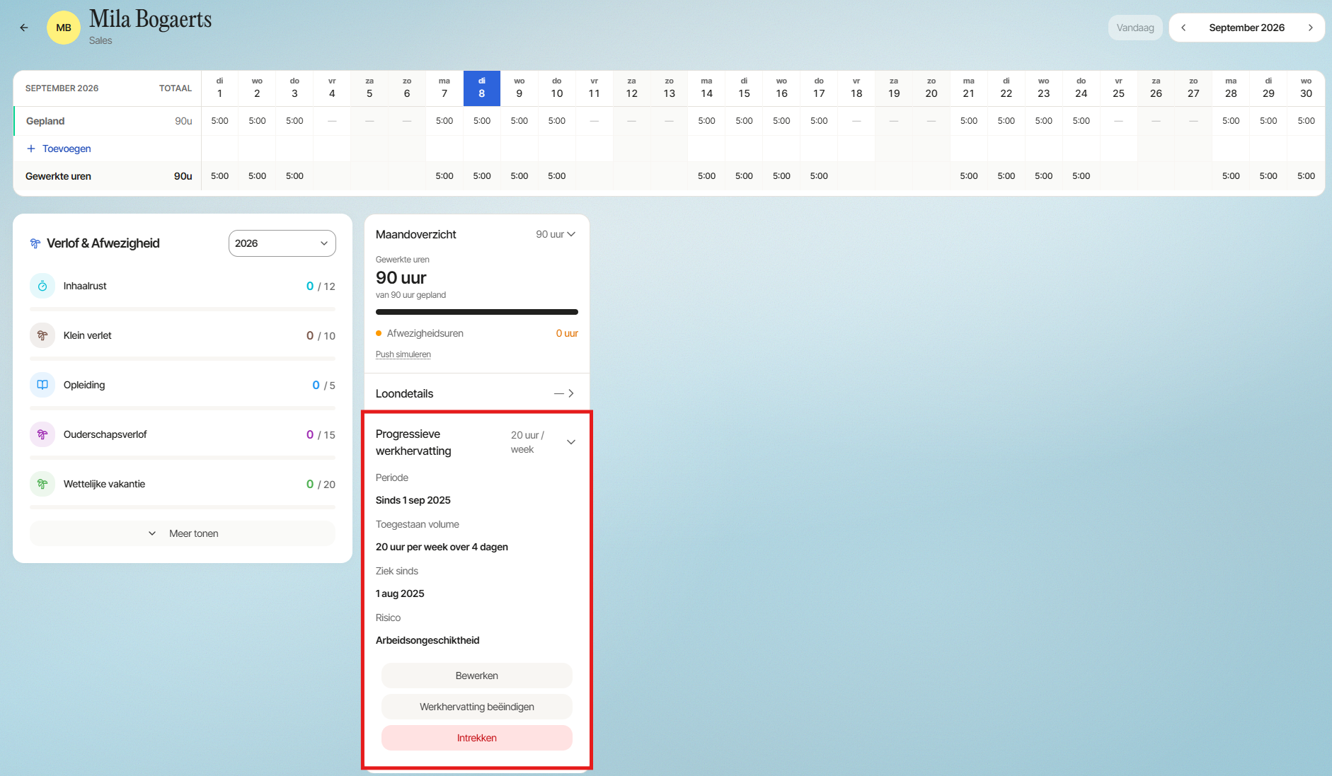 Person detail in Peepel, calendar tab, showing an active phased return to work of 20 hours per week across 4 days