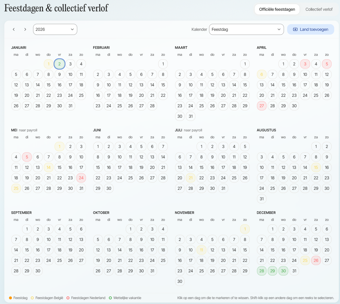 Public holidays and collective leave in Peepel: a 2026 year calendar with marked public holidays, collective closure days and statutory leave